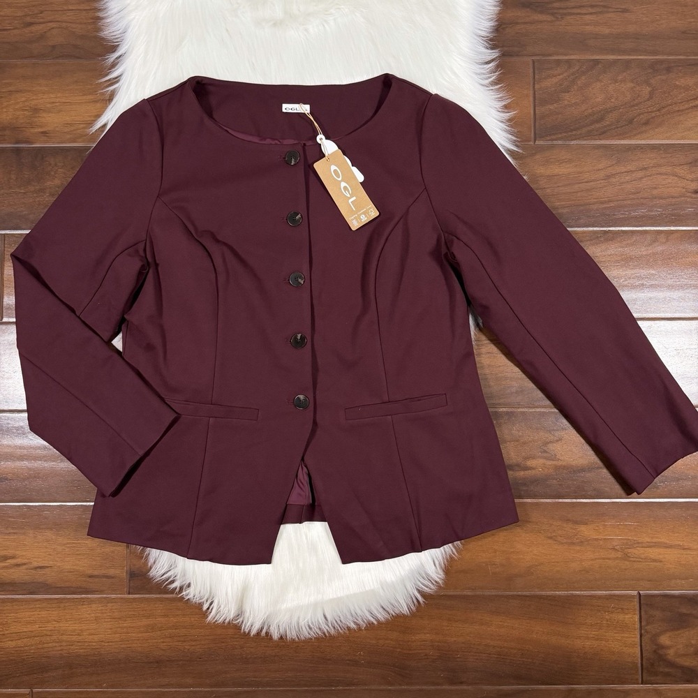 OGL Womens Size XL Burgundy Ponte De Roma Empower Stretch Boatneck Blazer Jacket
